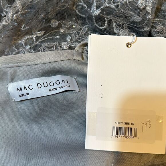 NEW Mac Duggal women’s embroidered illusion high neck puff sleeve dress size 16 - Picture 11 of 14